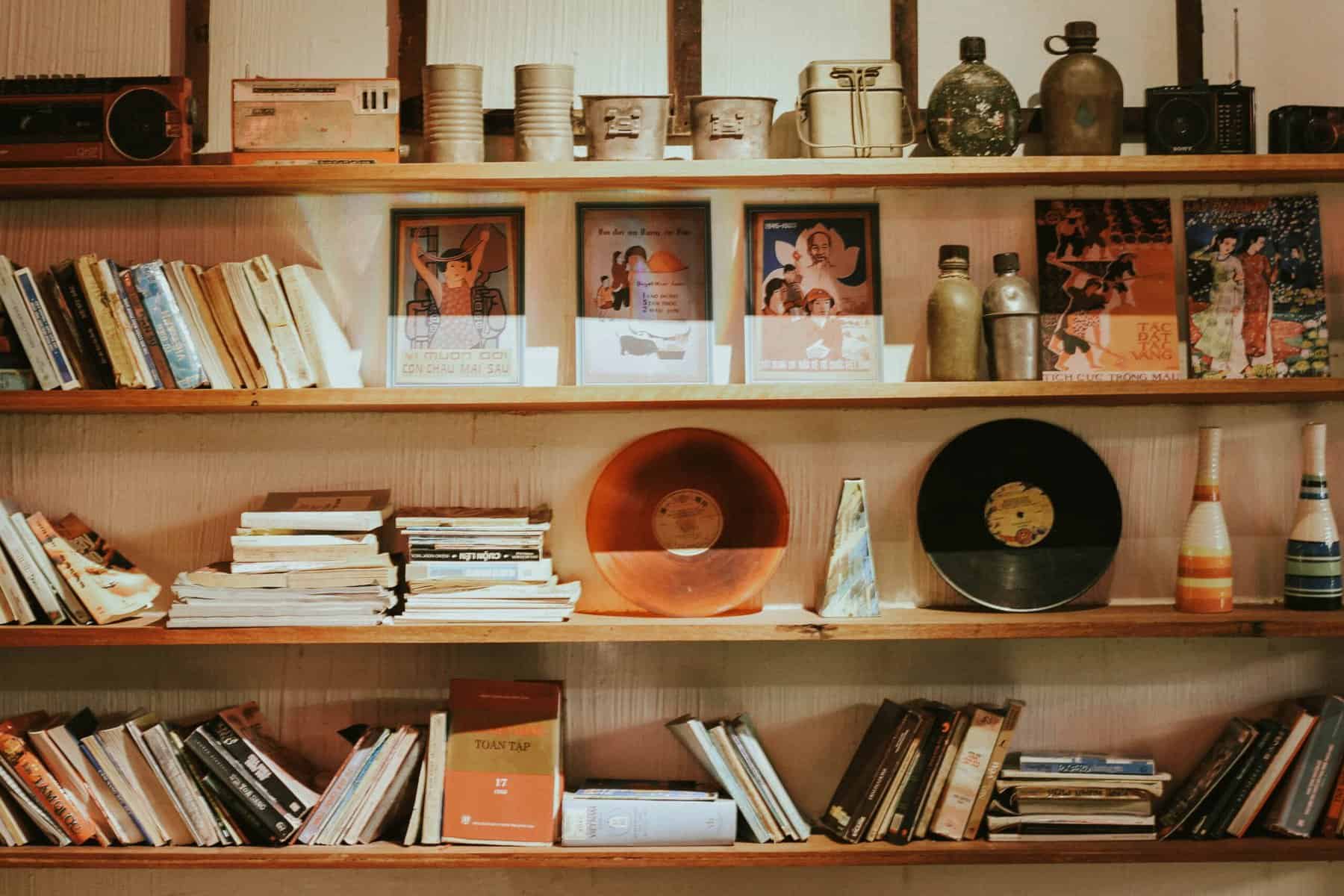 Bookshelves with books and vinyl records in Vietnam