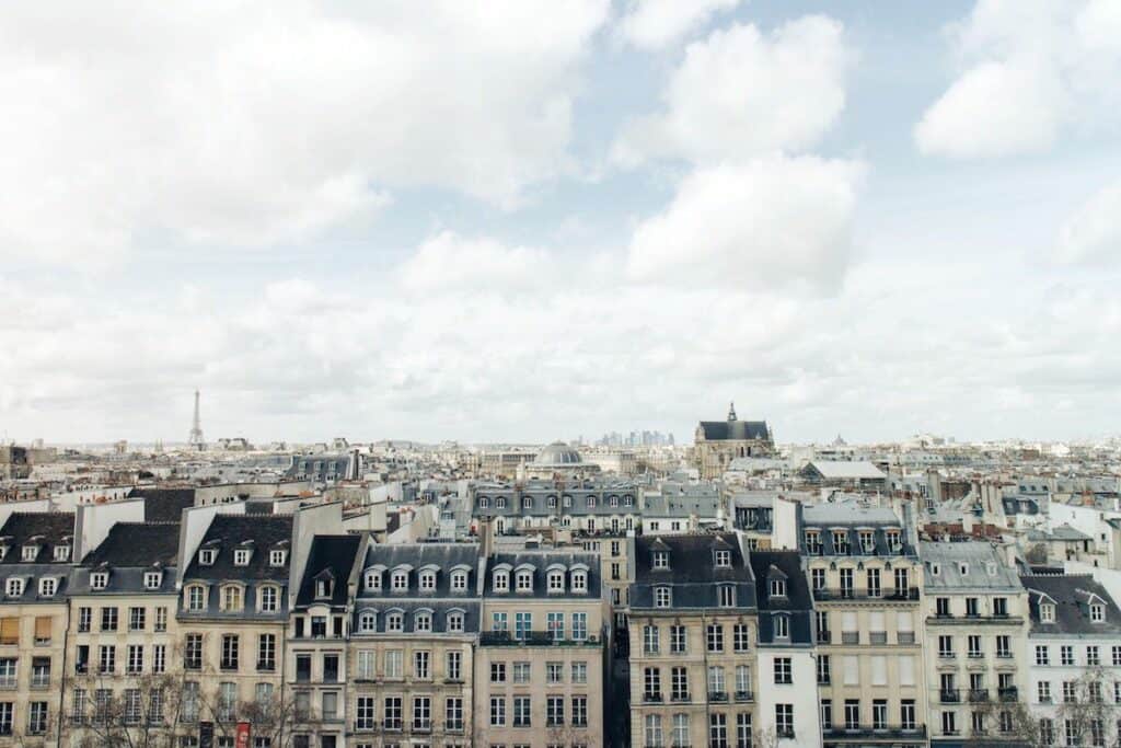 Buildings in the Paris skyline with clouds