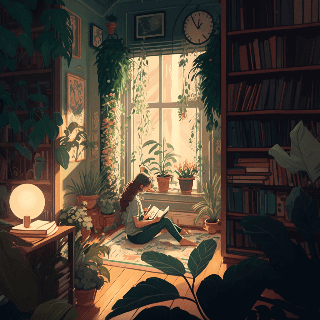 illustrated girl reading in room surrounded by books and plants