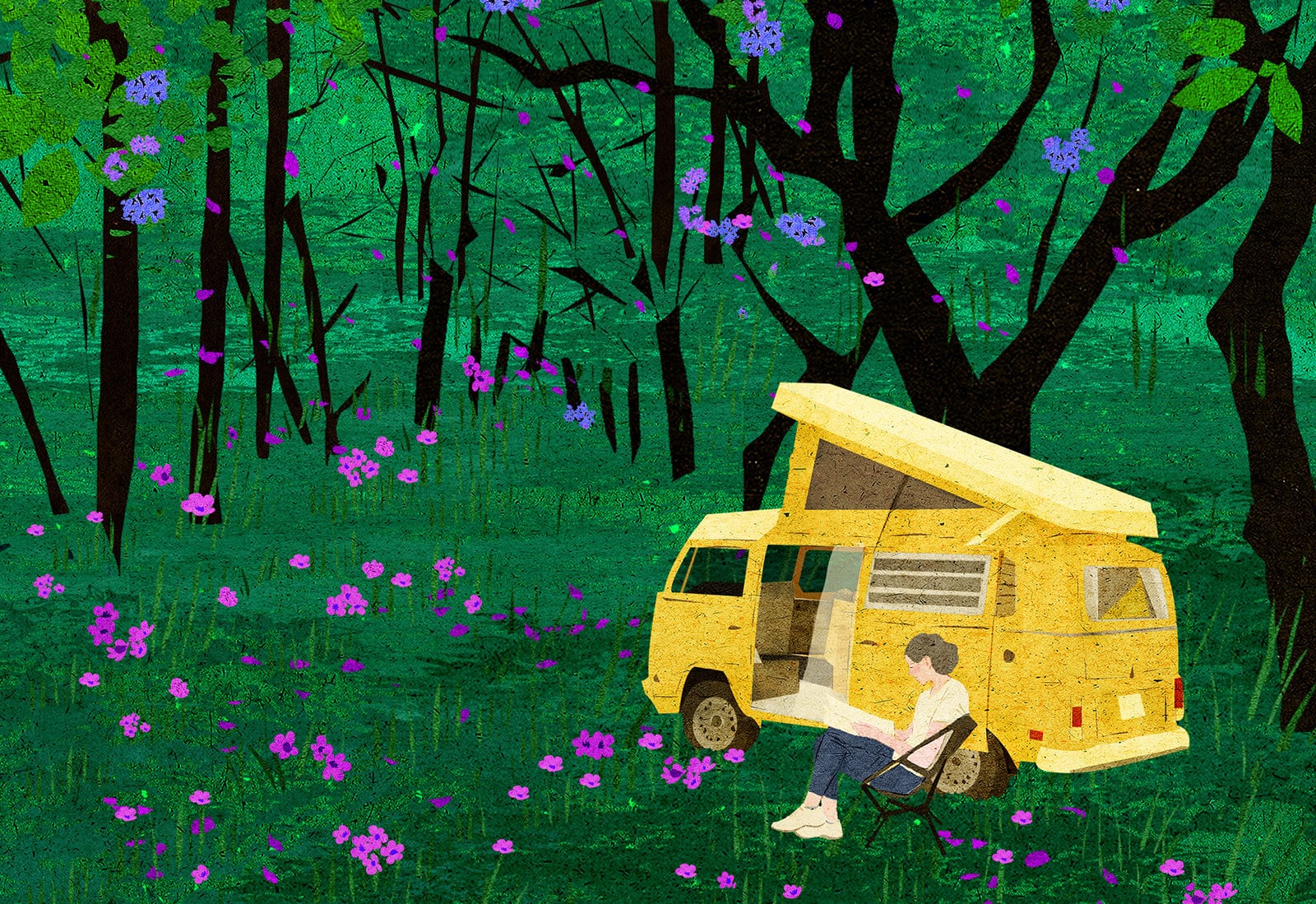 Woman sitting by camper van in forest close to nature illustration
