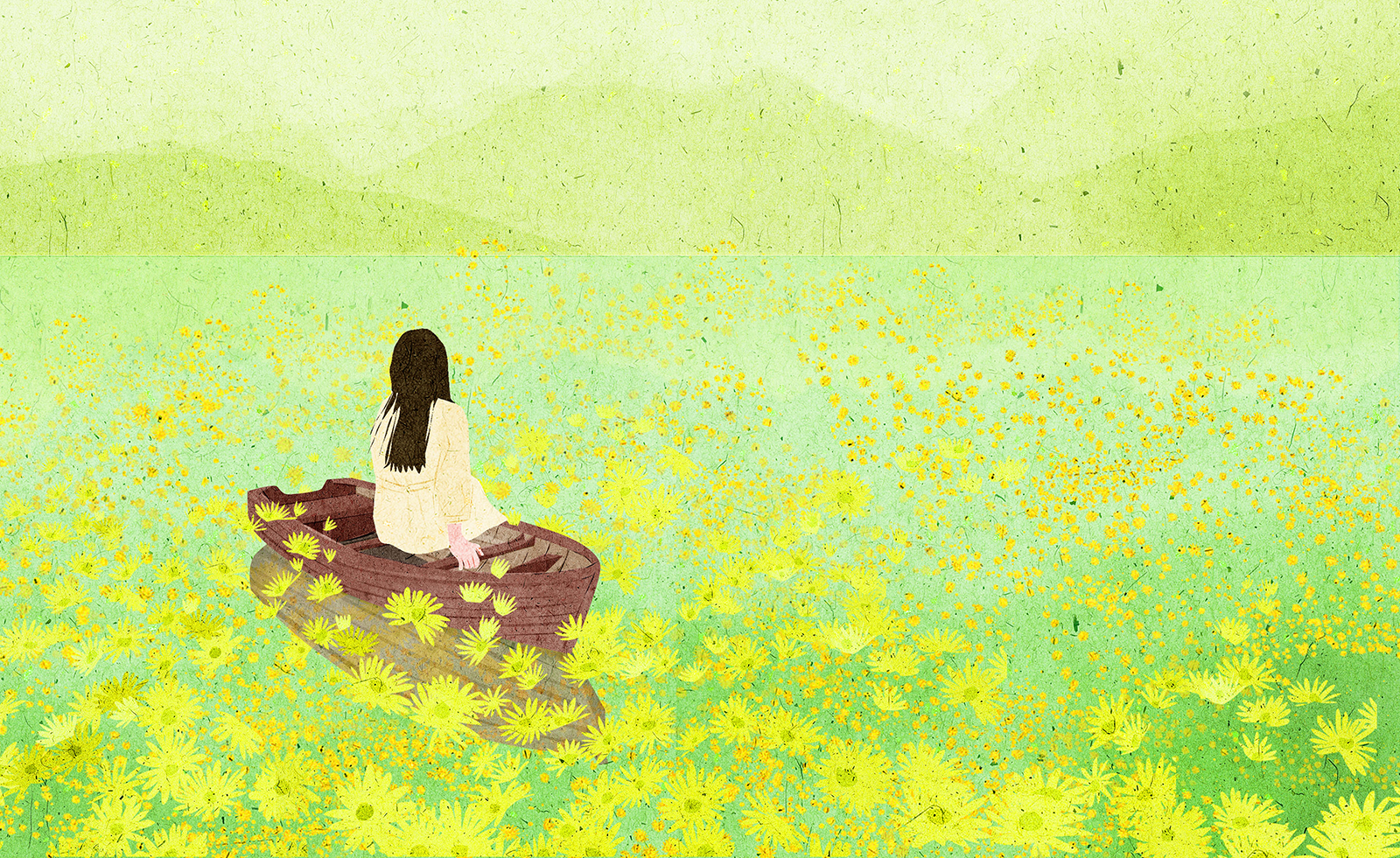 Woman sitting on boat surrounded by flowers illustration