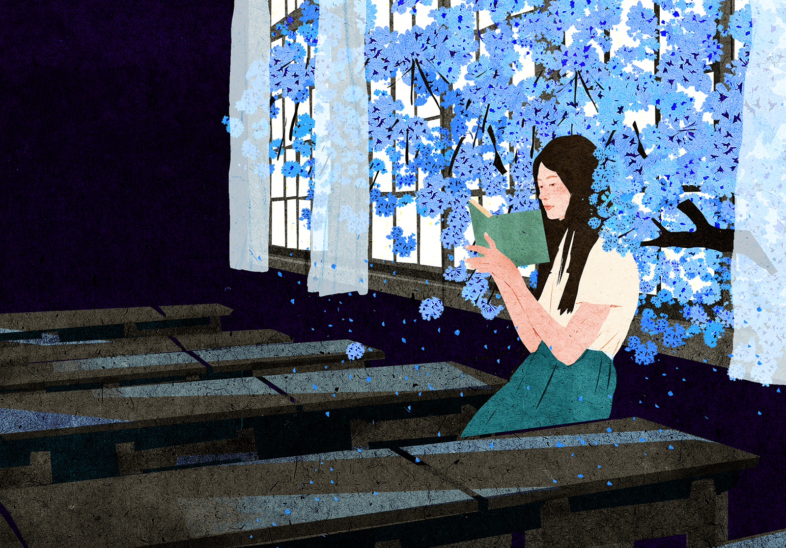 Girl reading in classroom next to window illustration
