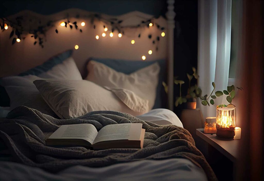 cozy reading in bed before falling asleep