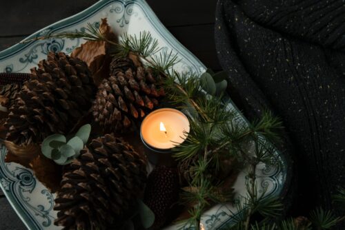 festive cozy scene with pine cones and candle