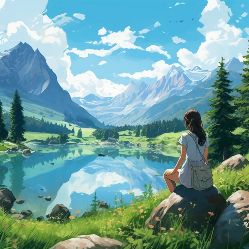 illustrated woman sitting on a rock overlooking a lake and nature in a beautiful place