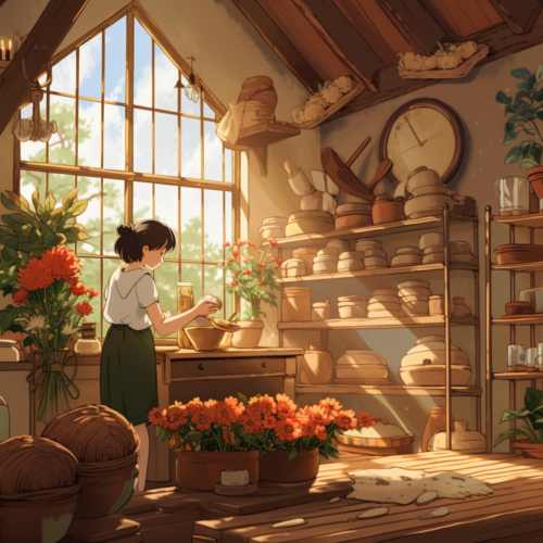 illustrated woman baking sourdough bread in a rustic kitchen with flowers