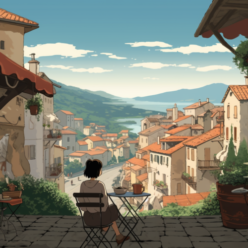 illustrated woman drinking coffee in a rural italian town in summer