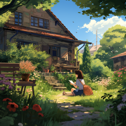 illustrated woman reading in a garden surrounded by plants and flowers in the style of studio ghibli