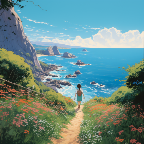 illustrated woman walking along a mountain path surrounded by flowers and overlooking the blue sea