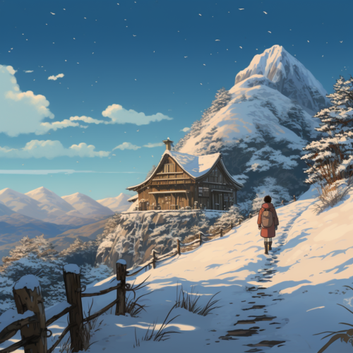 illustration of woman walking through snow in the mountains towards an old wooden house