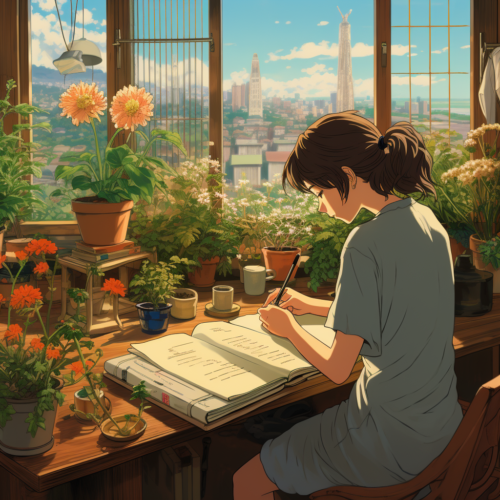 illustrated woman writing in a notebook at a desk with coffee next to windows overlooking a city