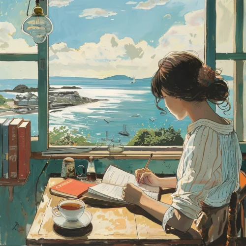 woman working at desk overlooking the sea